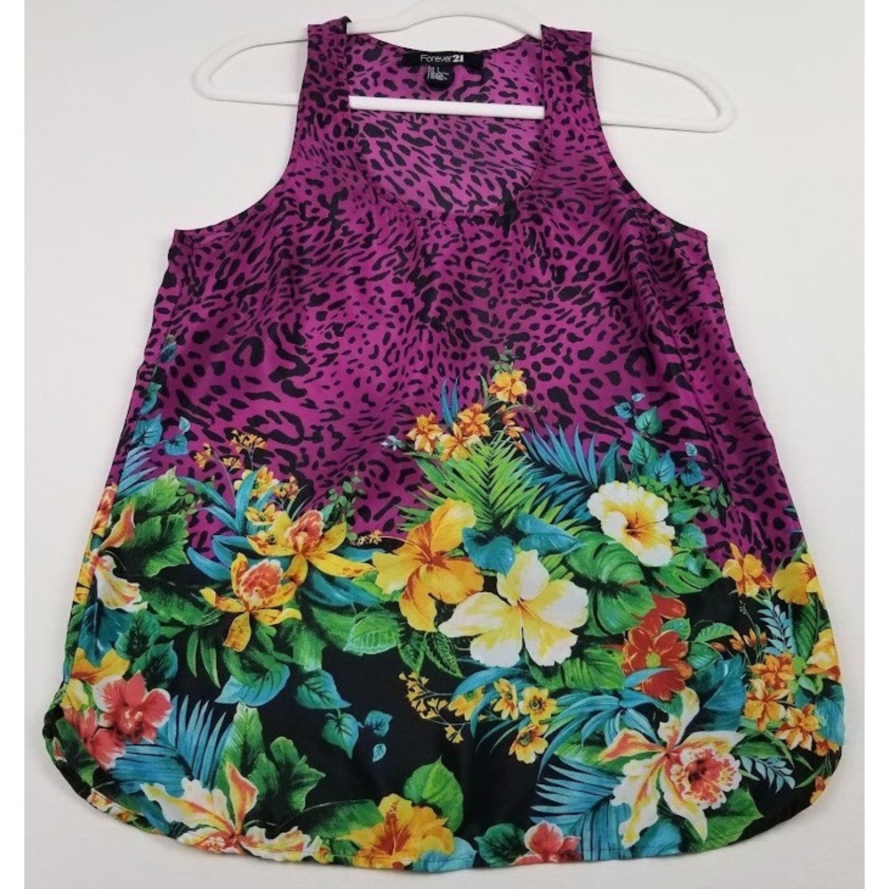 Forever21 Tank Top Women's Small Floral Animal Print Scoopneck Sleeveless Woven